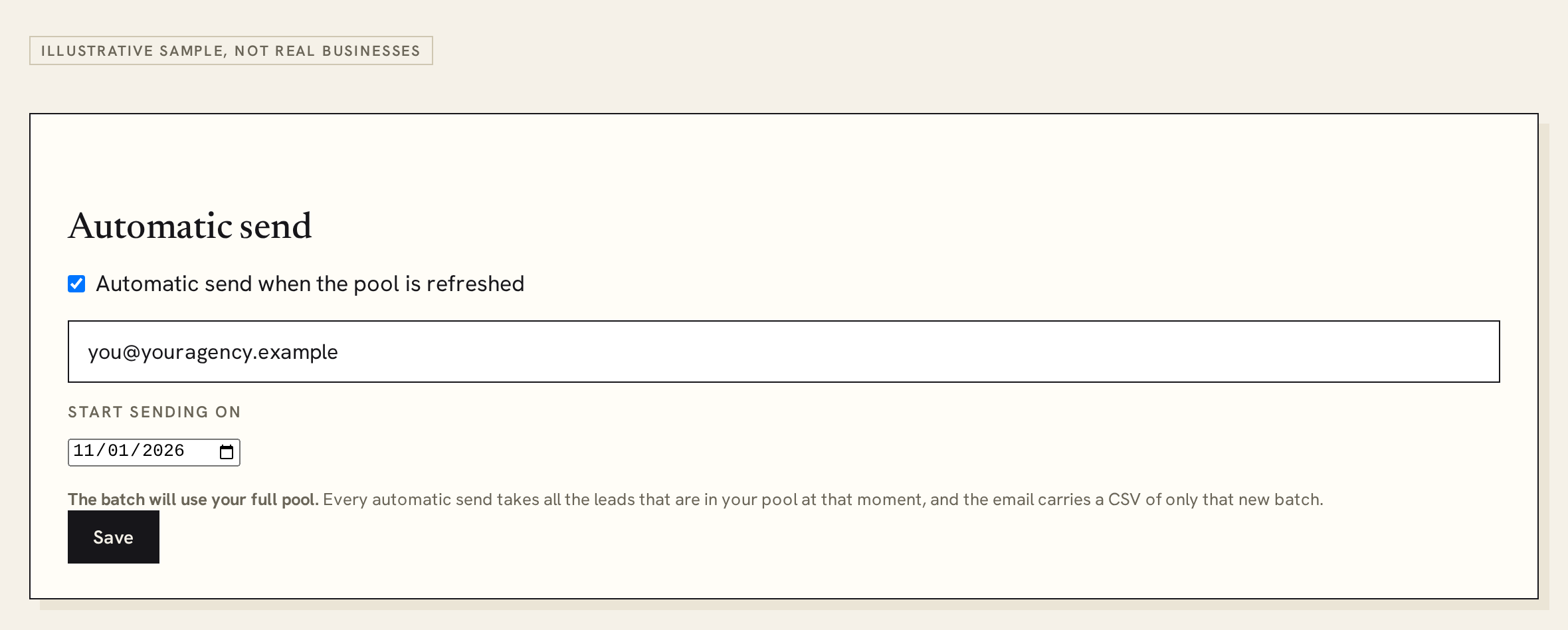 The automatic send box: a checkbox, an email field, a start date and the note that the batch uses your full pool