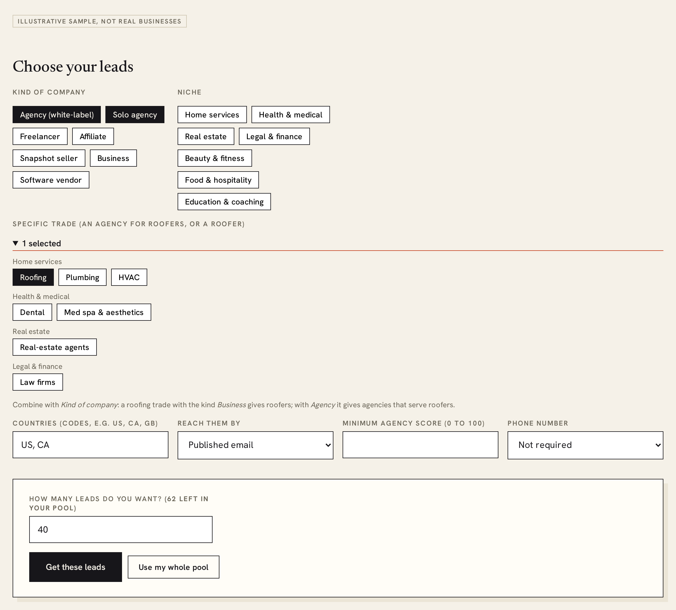 The filters: kind of company, niche, specific trade, countries, reach them by, minimum score, phone, and the box where you type how many leads you want