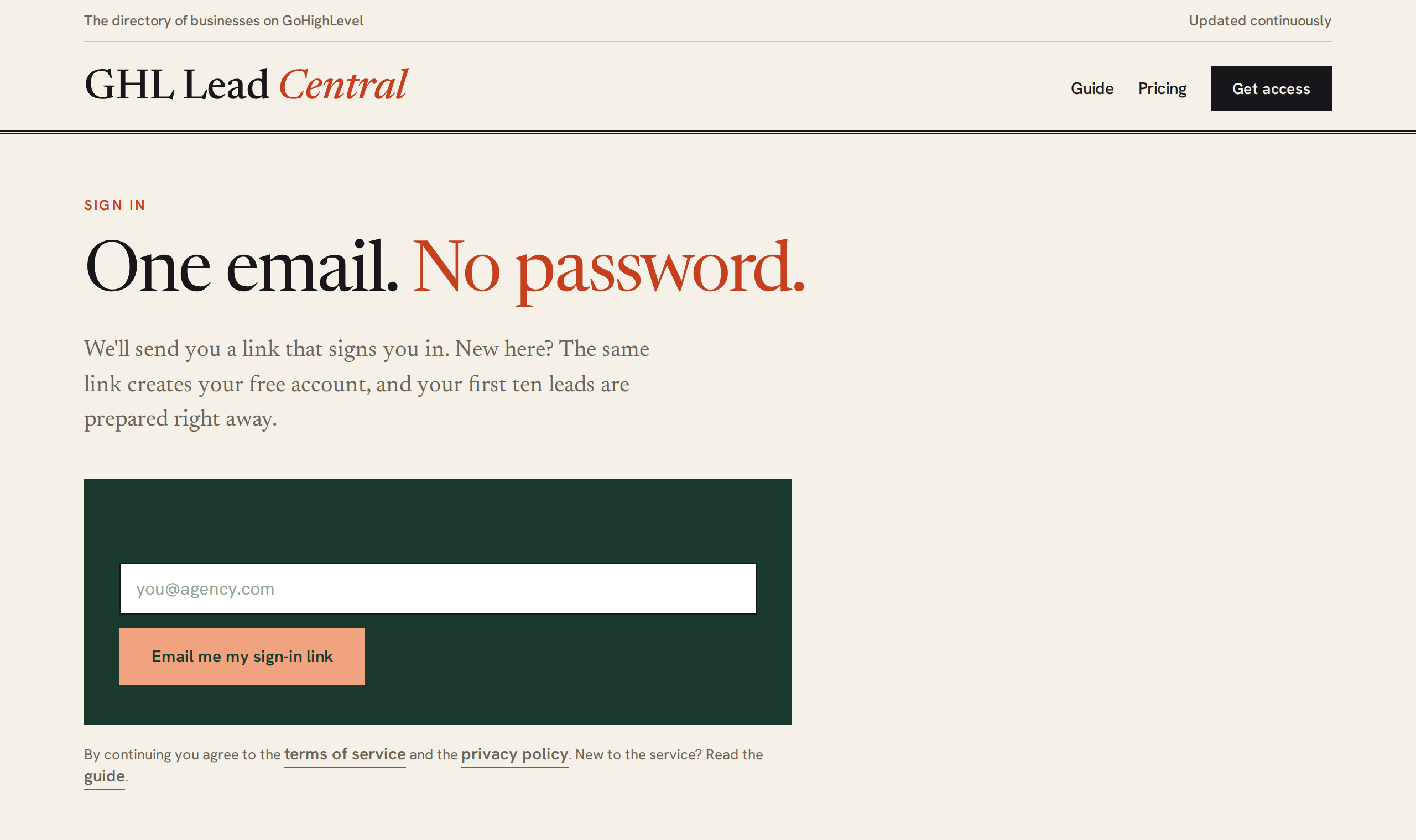 The sign-in page: one email field and the button Email me my sign-in link
